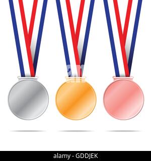 Three medals on black background for sport games vector illustration. Stock Vector