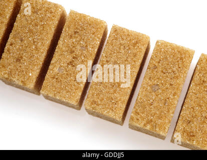 Brown Sugar, Cubes against White Background Stock Photo