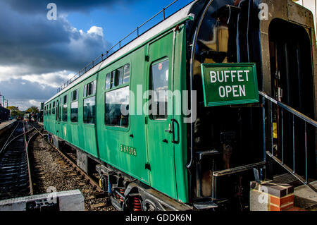 Buffet Car on the side of a green Spa Valley Railway railway carriage at the old Tunbridge Wells West Station Stock Photo