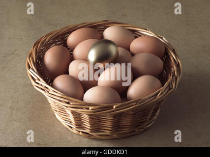Chicken Eggs in Basket, Symbolic Image for Gold Egg with Hen Stock Photo