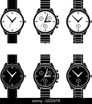 Watch black and white set design vector illustration. Stock Vector