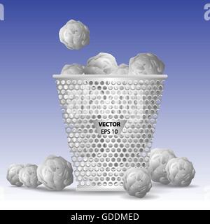 Bin and crumpled papers on blue background vector illustration. Stock Vector