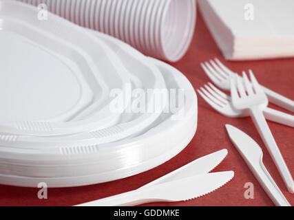 PLASTIC PLACE SETTING AND PAPER NAPKIN Stock Photo