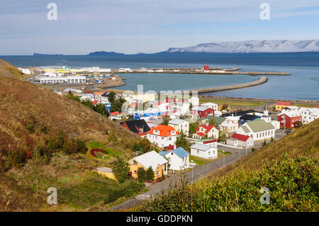 The small town Saudarkrokur in the fjord Skagafjördur in north Iceland. Stock Photo