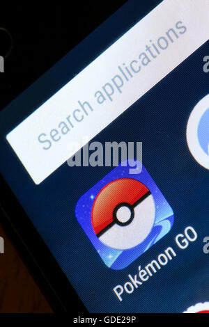 Velika Gorica, Croatia. 15th July, 2016. : Macro close up image of Pokemon Go game app with search applications tab on a smartphone device. Pokemon Go is a popular virtual reality game for mobile devices. Credit:  PhotoJa/Ģ����ý Live News Stock Photo