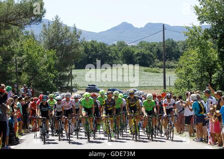 France. 16th July, 2016. Montelimar to Villars les Dombes Parc des Oiseaux, France.  Peleton pictured during stage 14 of the 2016 Tour de France a 208,5 km stage between Montelimar and Villars-Les-Dombes Parc des Oiseaux Credit:  Action Plus Sports Images/Alamy Live News Stock Photo