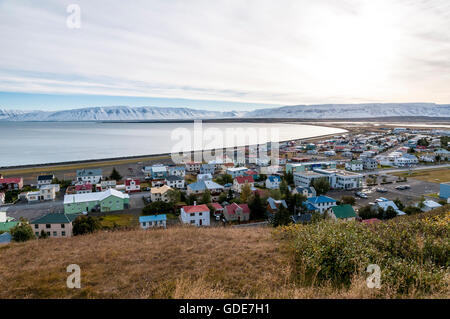 The small town Saudarkrokur in the fjord Skagafjördur in north Iceland. Stock Photo