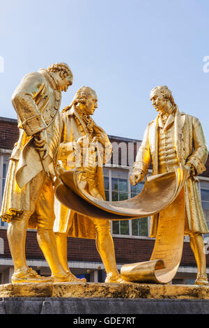 England,West Midlands,Birmingham,Centenary Square,S tatue of Matthew Boulton and James Watt and William Murdoch by William B Stock Photo