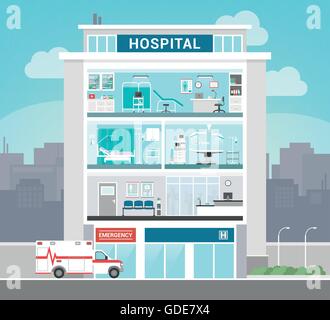 Hospital building with departments, office, operating room, ward, waiting room and reception, healthcare concept Stock Vector