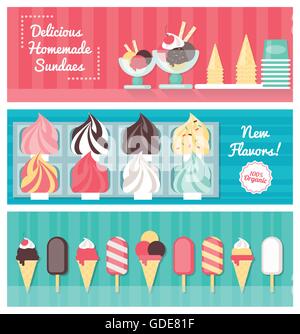Delicious ice cream colorful banner set with cones, popsicles, sundaes and ice cream trays, food retail concept Stock Vector