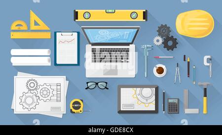 Engineer's desktop with work tools, computer and tablet Stock Vector