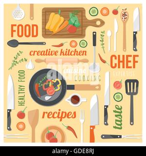 Creative cooking background with kitchen tools, food ingredients and words on a yellow background in a square frame Stock Vector