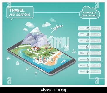 Dream vacations infographics, travel destinations typens on a tridimensional landscape including mountains, seaside, cities and Stock Vector