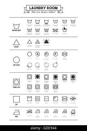 Laundry and washing clothes symbols with texts poster Stock Vector