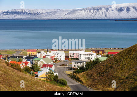 The small town Saudarkrokur in the fjord Skagafjördur in north Iceland. Stock Photo