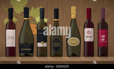 Collection of luxury wine bottles with labels on a wooden shelf with vine leaf on background Stock Vector