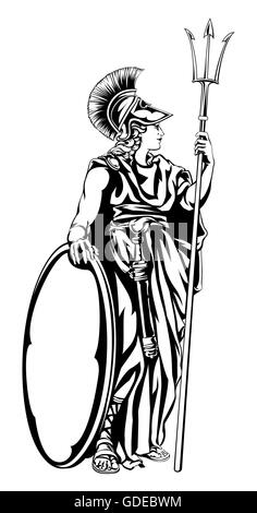 An illustration of the mythological Greek Goddess Athena with a trident spear and shield Stock Photo