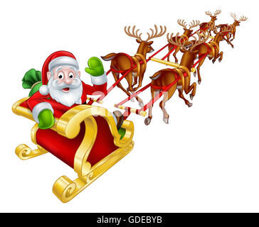 Cartoon Santa Claus and his reindeer Christmas sleigh sled Stock Photo