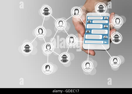 Chatbot background with messenger and conversation between human and robot displayed on touchscreen Stock Photo