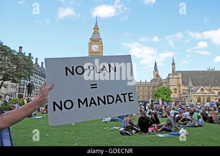 Remain voter holds  'No Plan No Mandate'  sign at Brexit protest in Parliament Square, London UK 2nd July 2016  KATHY DEWITT Stock Photo