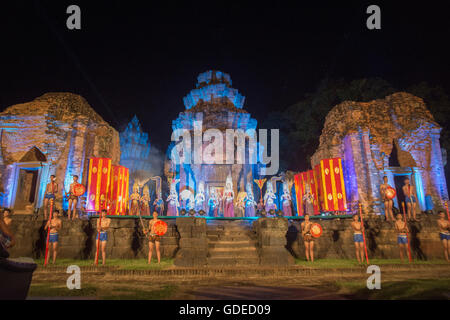 a Light and Show at the Prasat Sikhoraphum Temple at the Town of Sikhoraphum near the city of Surin in Isan in Thailand. Stock Photo