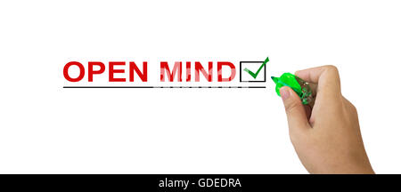 Text open mind in red colour with isolated hand and marker pen writing on white background Stock Photo