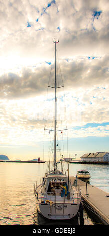 Sailboat docked on Pier-Brosundet Canal. Alesund, Norway, More og Romsdal, Scandinavia, Europe Stock Photo