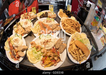 Delicious food plates prepared for tourists at the Famous Bergen Fish Market, Bergen, Norway, Hoardaland, Scandinavia Stock Photo