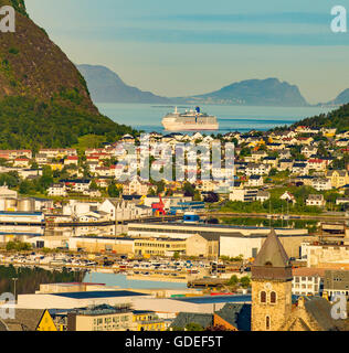 View of Alesund Fjord from Fjellstua, Mount Aksla with close-up of Cruise Ship, Alesund, Norway, More Og Romsdal, Scandinavia Stock Photo