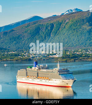 View of Cruise Ship Arcadia from Mt. Aksla navigating in outer Fjord, Alesund, Norway, More Og Romsdal, Scandinavia Stock Photo