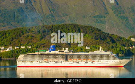 View of Cruise Ship Arcadia from Mt. Aksla-Fjellstua navigating in the outer Fjord of Alesund, Norway, Stock Photo
