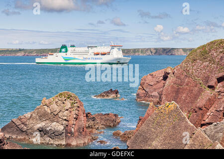 Irish Ferries ferry Isle of Inishmore sails into Milford Haven as it approaches Pembroke Dock, Pembrokeshire, Wales, UK Stock Photo