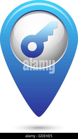 Key icon on blue map pointer Stock Vector