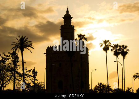 Silhouette of Torre del Oro, Seville, Spain Stock Photo