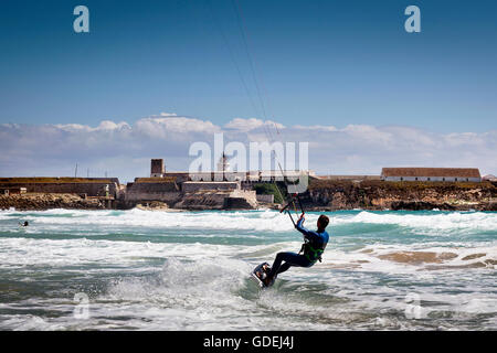 Man Kite surfing, Los Lances Beach, Tarifa, Andalucia, Spain Stock Photo