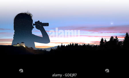 Double exposure Silhouette of Girl looking through telescope by Griffith Observatory, Los Angeles, California, United States Stock Photo