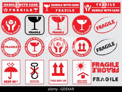 fragile signs for packaging (handle with care, this side up, keep dry, fragile, do not use hand hooks, keep away from heat) flat vector illustration Stock Vector