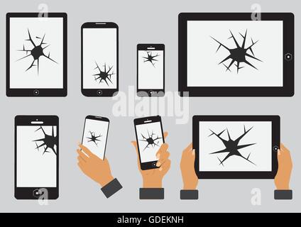 set of broken screen of smart phone and digital tablet. flat vector illustration Stock Vector