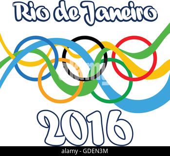 Abstract Rio de Janeiro logo, with national flag color lines with olympic rings, over white background. Digital vector image. Stock Vector