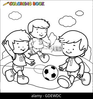 Children playing soccer. Kids football athletes play game. Vector black and white coloring page. Stock Vector