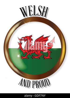 Welsh and Proud flag button with a circular border over a white background Stock Vector