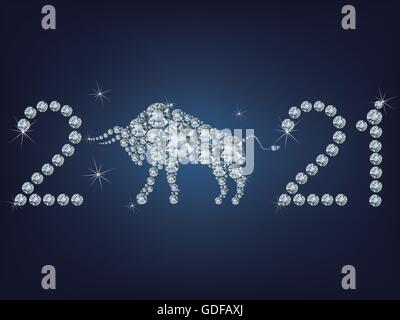 Happy new year 2021 creative greeting card with Bull made up a lot of diamonds Stock Vector