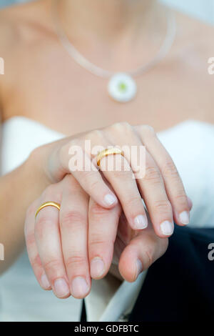 Hands of a bride and groom, wedding rings Stock Photo