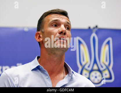 Kiev, Ukraine. 15th July, 2016. Ukrainian coach Andriy Shevchenko listens to questions from journalists after he was approved as the new head coach for the Ukrainian national soccer team in Kiev, Ukraine. Credit:  Vasyl Shevchenko/ Pacific Press/Alamy Live News Stock Photo