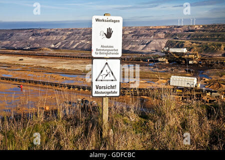 Warning Sign, mining area Garzweiler II, lignit, opencast mining, Garzweiler, Jüchen, Rhenish lignite mining area Stock Photo