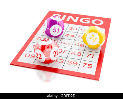 3d renderer image. Red bingo card with bingo balls. Isolated white background. Stock Photo