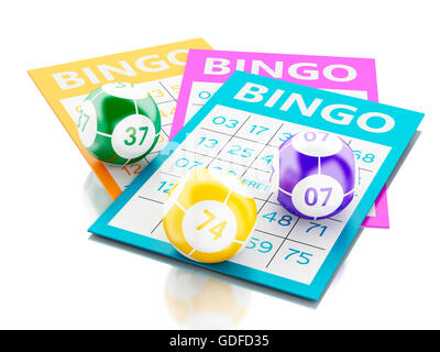 3d renderer image. Bingo cards with colorful bingo balls. Isolated white background. Stock Photo