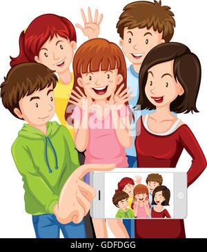 People taking selfie with mobile phone illustration Stock Vector