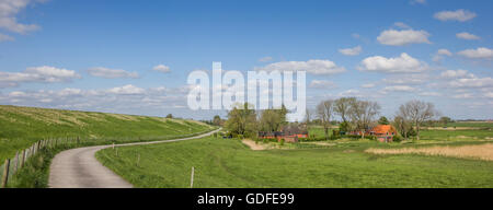 Panorama of a bicycle path along the dollard route in Ostfriesland, Germany Stock Photo