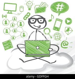 User on sitting with computer on a cloud - vector illustration Stock Vector